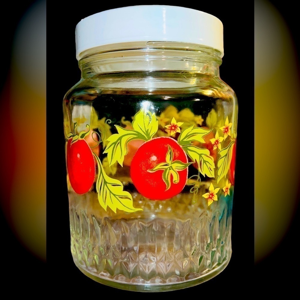 VINTAGE KIG Indonesia Clear Glass Canister Jar Tomato Kitchen Storage Screw Top